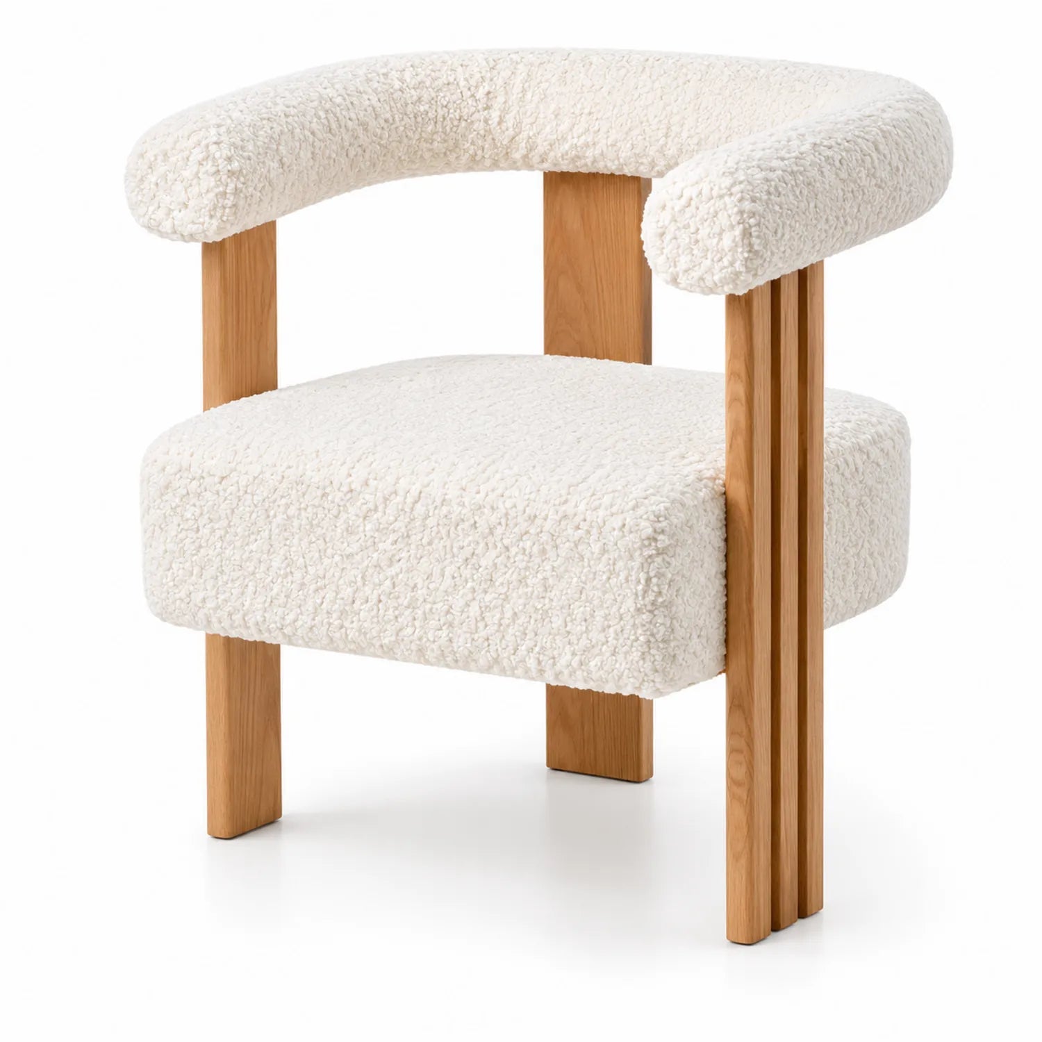 Sedia in Bouclé Beige con Struttura in Legno Massello