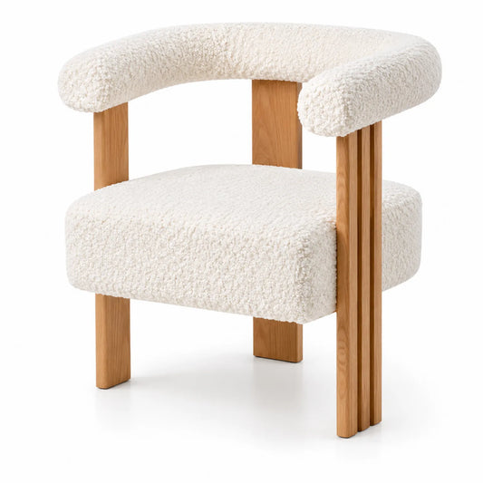 Sedia in Bouclé Beige con Struttura in Legno Massello