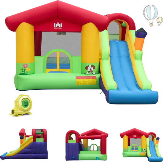 Castello Gonfiabile per Bambini con Scivolo e Canestro, Include Trampolino e 50 Palline, Completo di Soffiatore e Accessori, 325x290x205 cm