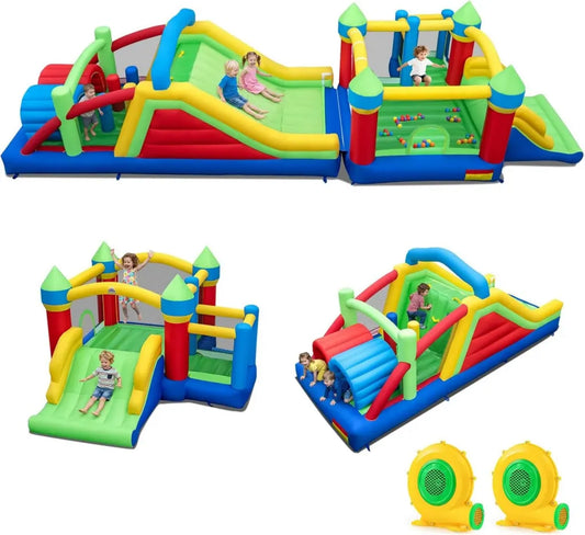 Castello Gonfiabile per Bambini con Scivolo e Trampolino, Parco Giochi con Ostacoli e Parete Arrampicata, Include Palline e Soffiatore, per Età 3-12 Anni