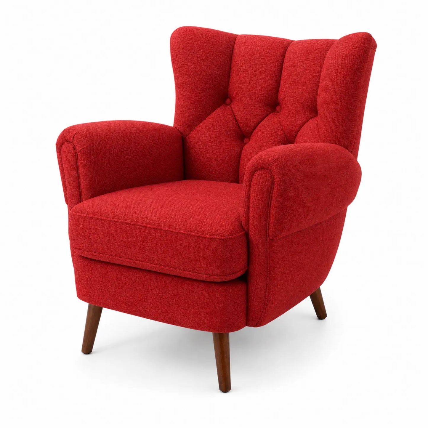 Poltrona in tessuto rosso con gambe in legno