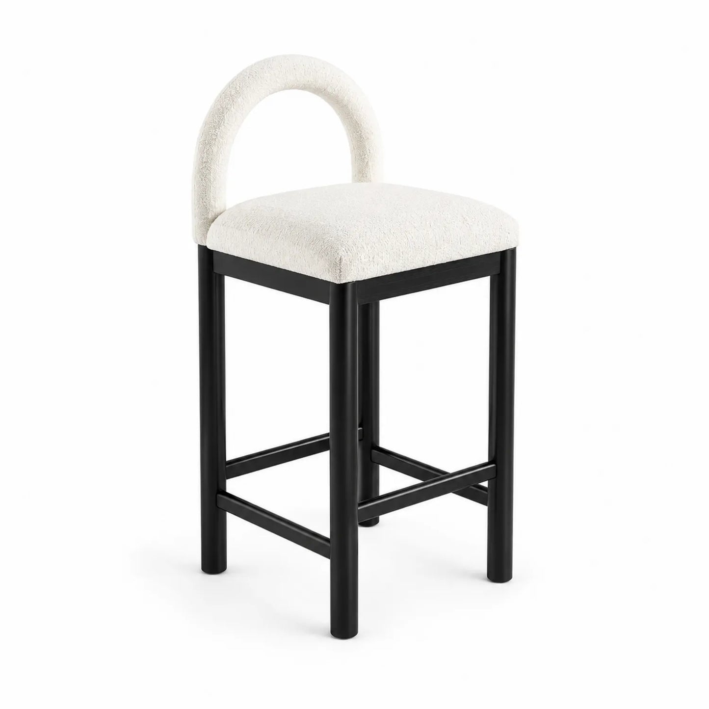 Sgabello da bar in legno nero con schienale ad arco e tessuto bianco, 75 cm