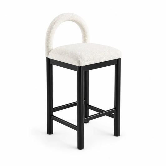 Sgabello da bar in legno nero con schienale ad arco e tessuto bianco, 75 cm