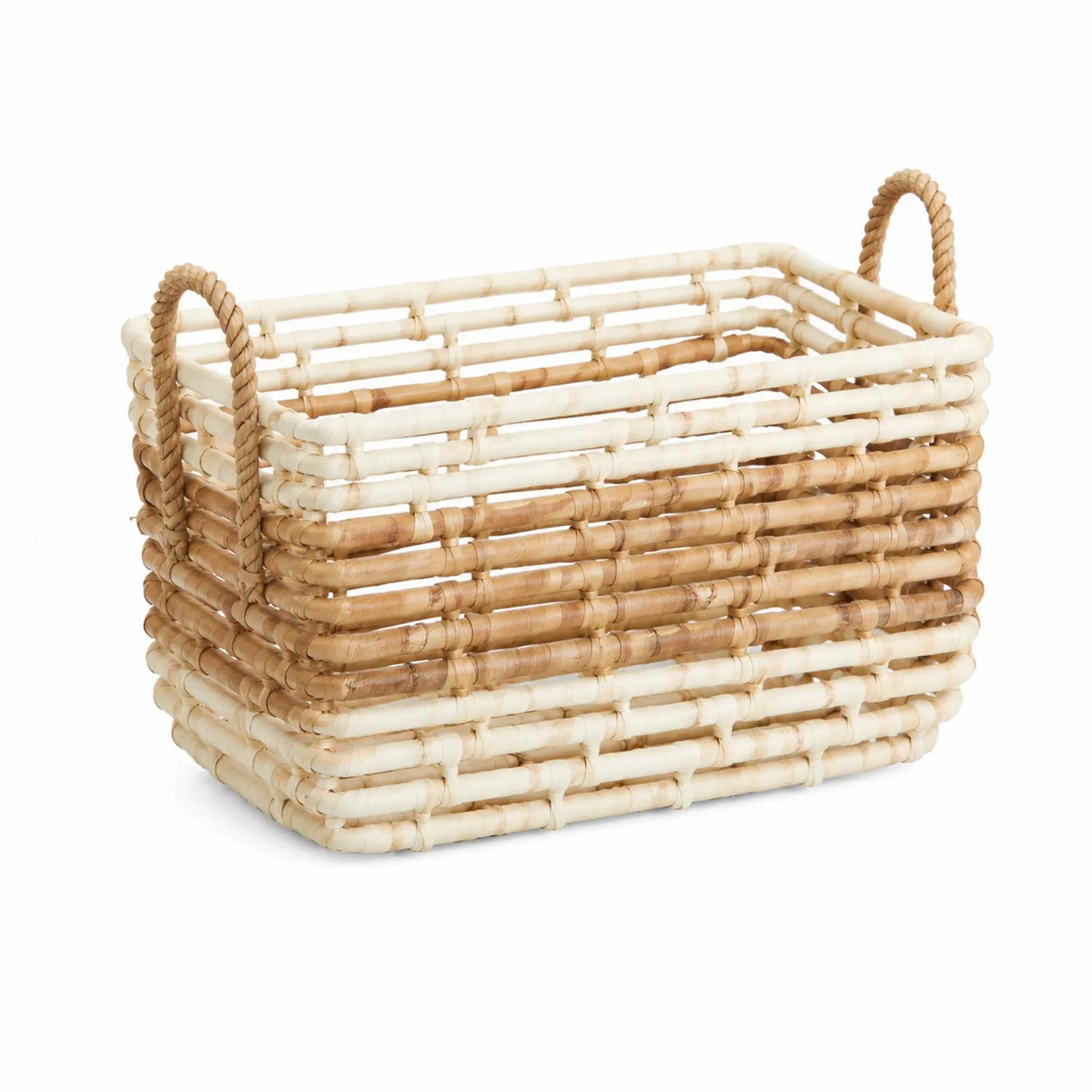 Cesto Rettangolare in Rattan Intrecciato Naturale/Bianco