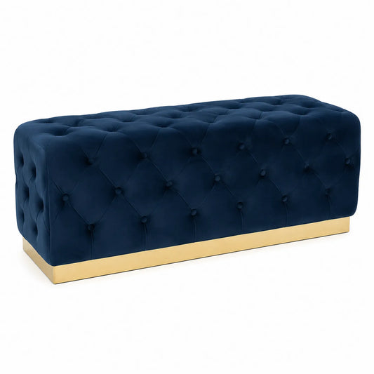 Pouf in velluto blu con base in metallo dorato