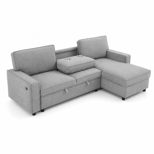 Divano Angolare in Tessuto Grigio con Chaise Longue e Porta Bicchieri