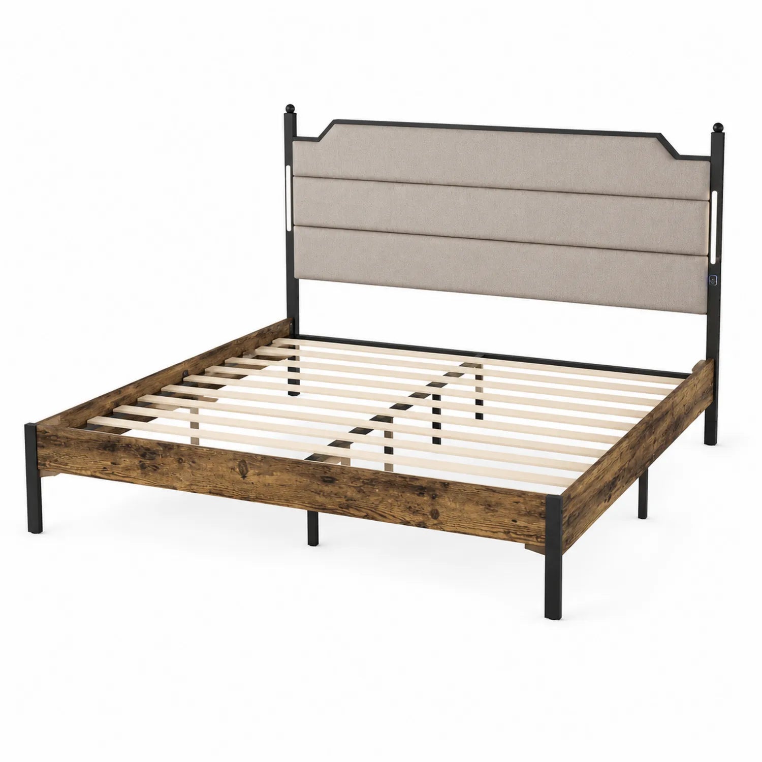 Letto matrimoniale in metallo con testiera in tessuto beige e struttura in legno