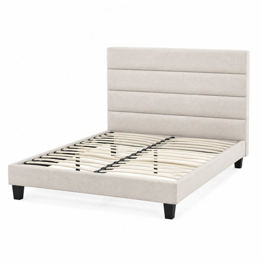 Letto matrimoniale in tessuto beige con rete a doghe