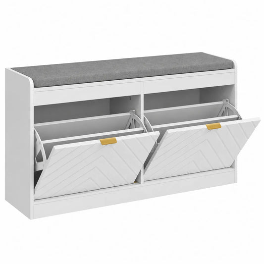 Scarpiera in Legno Bianco con Seduta in Tessuto 100x35x50 cm