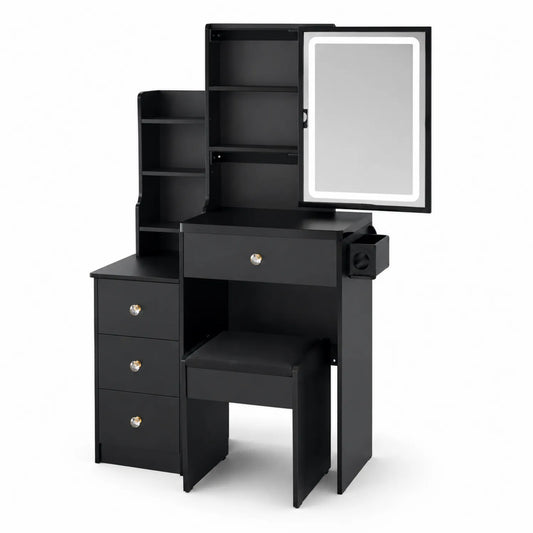 Toeletta in Legno Nero con Specchio LED e Sgabello