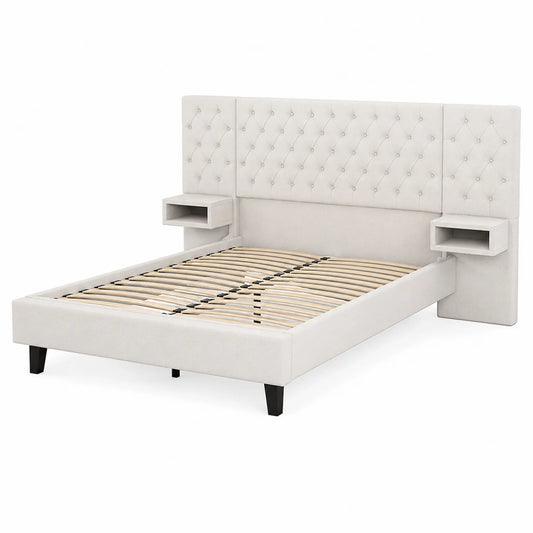 Letto matrimoniale con testiera trapuntata e mensole, legno e tessuto, crema, 160x200 cm