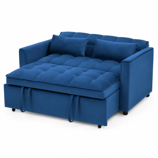 Divano letto in velluto blu con cuscini