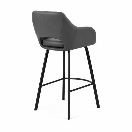 Sgabello da Bar in Pelle Sintetica Grigio con Gambe in Metallo Nero