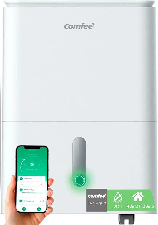 Deumidificatore, COMFEE 2-EN-1 20L/Giorno, app, ideale per stanze da 37-52㎡, Easy Dry 20, controllo APP, 4 modalità