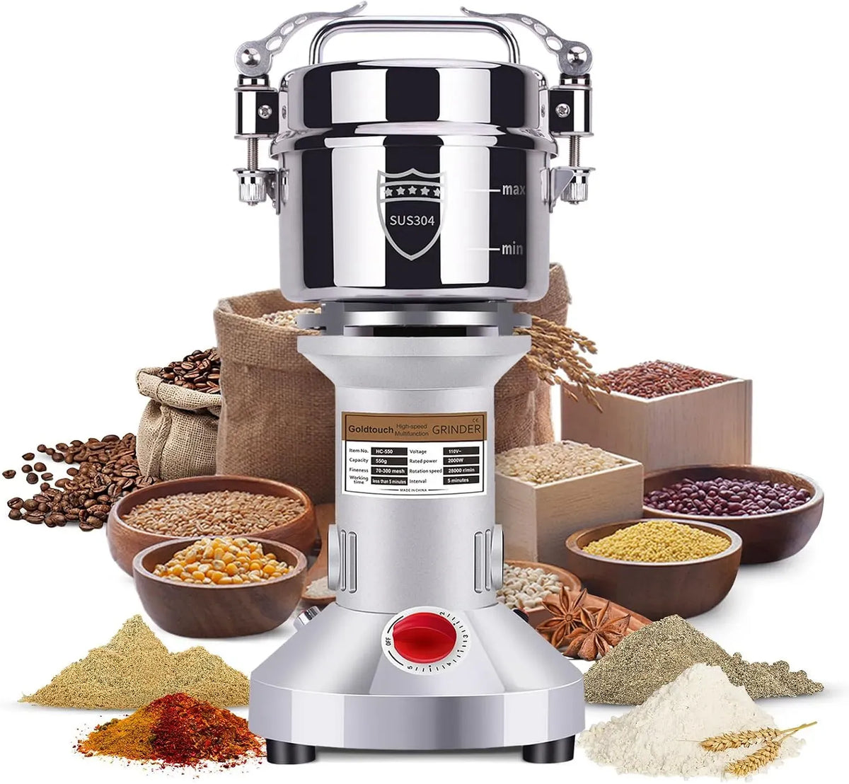Mulino, motore, macinatore elettrico, 2000 W, 550 g, touch, professionale, acciaio inox, per cereali, Goldtouch