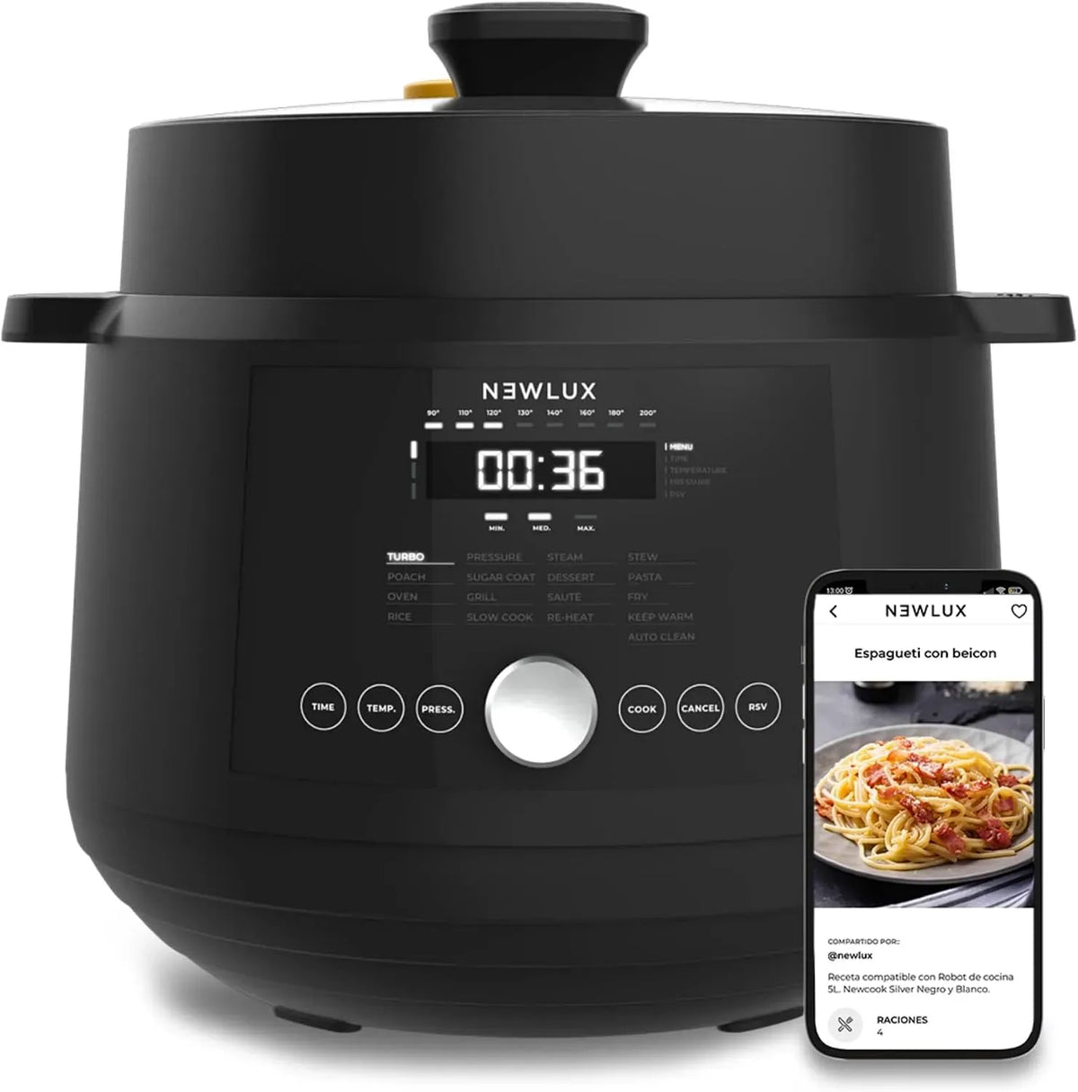 Pentola e padella V600, 6 L, 1200 W, 17 programmi, Programmabile 24 ore con Vaporiera 2 Livelli, 90Kpa, NEWLUX