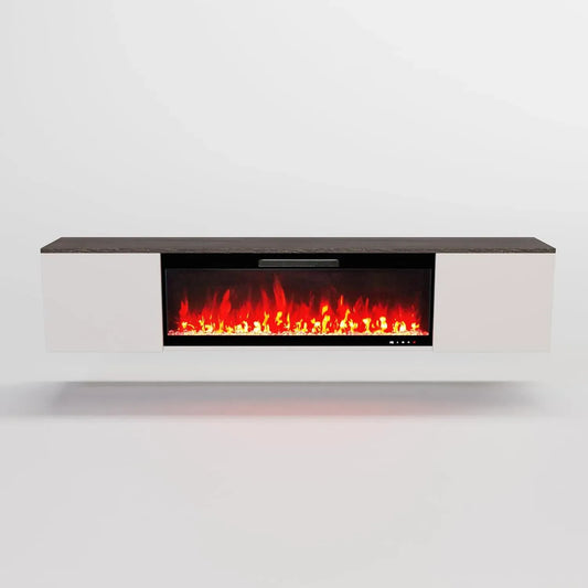 Mobile TV, 200 x 41,6 x 31,9 cm, GLOW FIRE, da incasso, decorazione del soggiorno, bianco, parete soggiorno con camino da incasso e spazio per TV