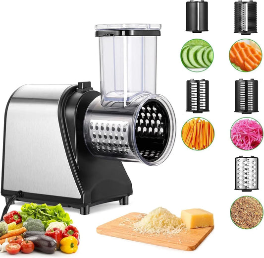 Migliorato Grattugia Elettrica in Acciaio Inox, 5 Lame per Varie Verdure e Frutta Secca, Tagliaverdure Elettrico 250W