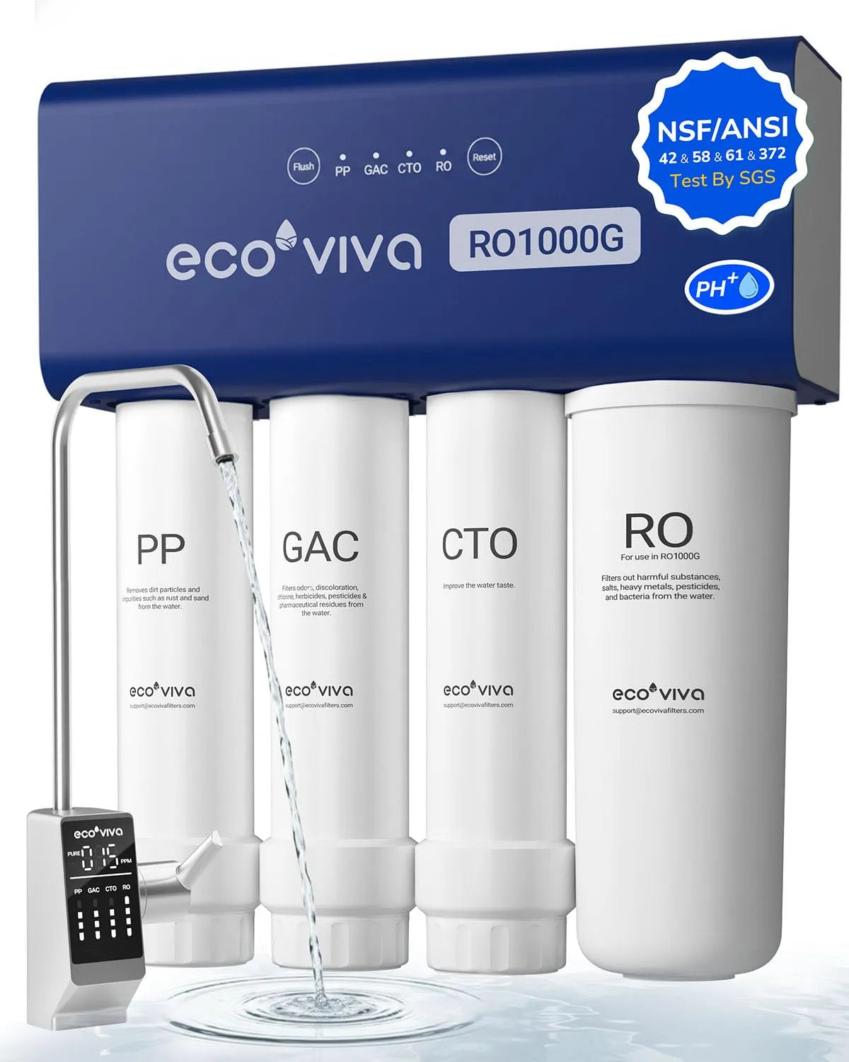 ANSI 58 RO1000G pH+ Alcalino, Solido e Affidabile, RO1000G Depuratore Acqua Commerciale a Osmosi Inversa 9 Stadi Senza Serbatoio, Certificato NSF/ANSI