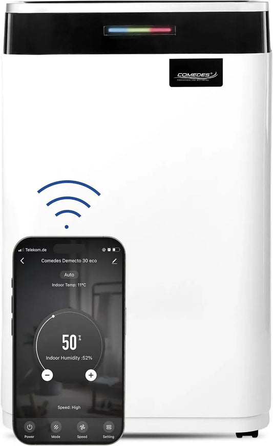 Deumidificatore litri/24, Wi-Fi, adatto per tutte le stanze e cantine fino a 100 m²/230 m³, Comedes Demecto 30 eco WiFi, compatibile con app