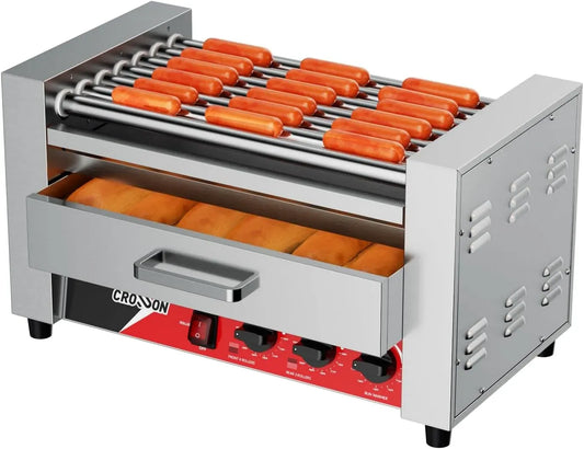 Macchina, 1350 W, professionale, acciaio inox, per Hot Dog in Acciaio Inox 1350W con 7 Rulli, CROSSON
