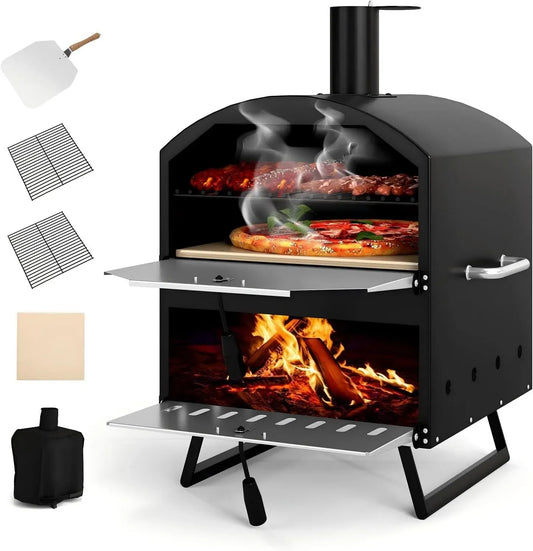 Forno elettrico per pizza, KOMFOTTEU, portatile, esterno, pietra refrattaria, nero, Griglia in Legno Portatile con Copertura Protettiva