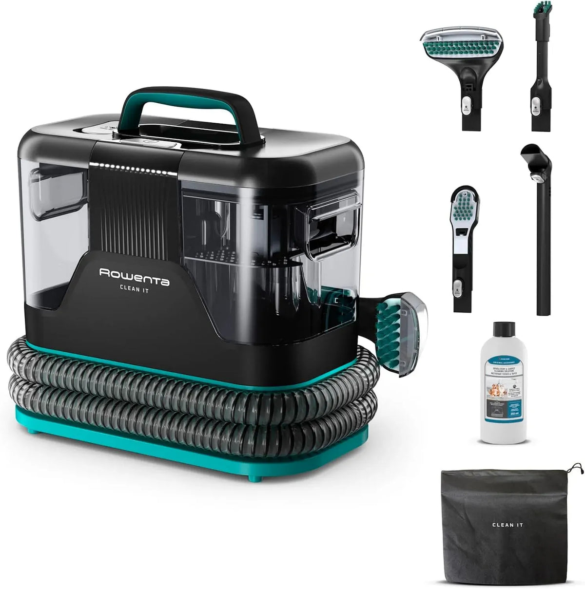 Rowenta IN5020 Clean It, Lavatappeti Portatile, per Auto con Testine Intercambiabili, 750 W, Lava Tappezzeria per Tappeti, Lava Divani, Sistema