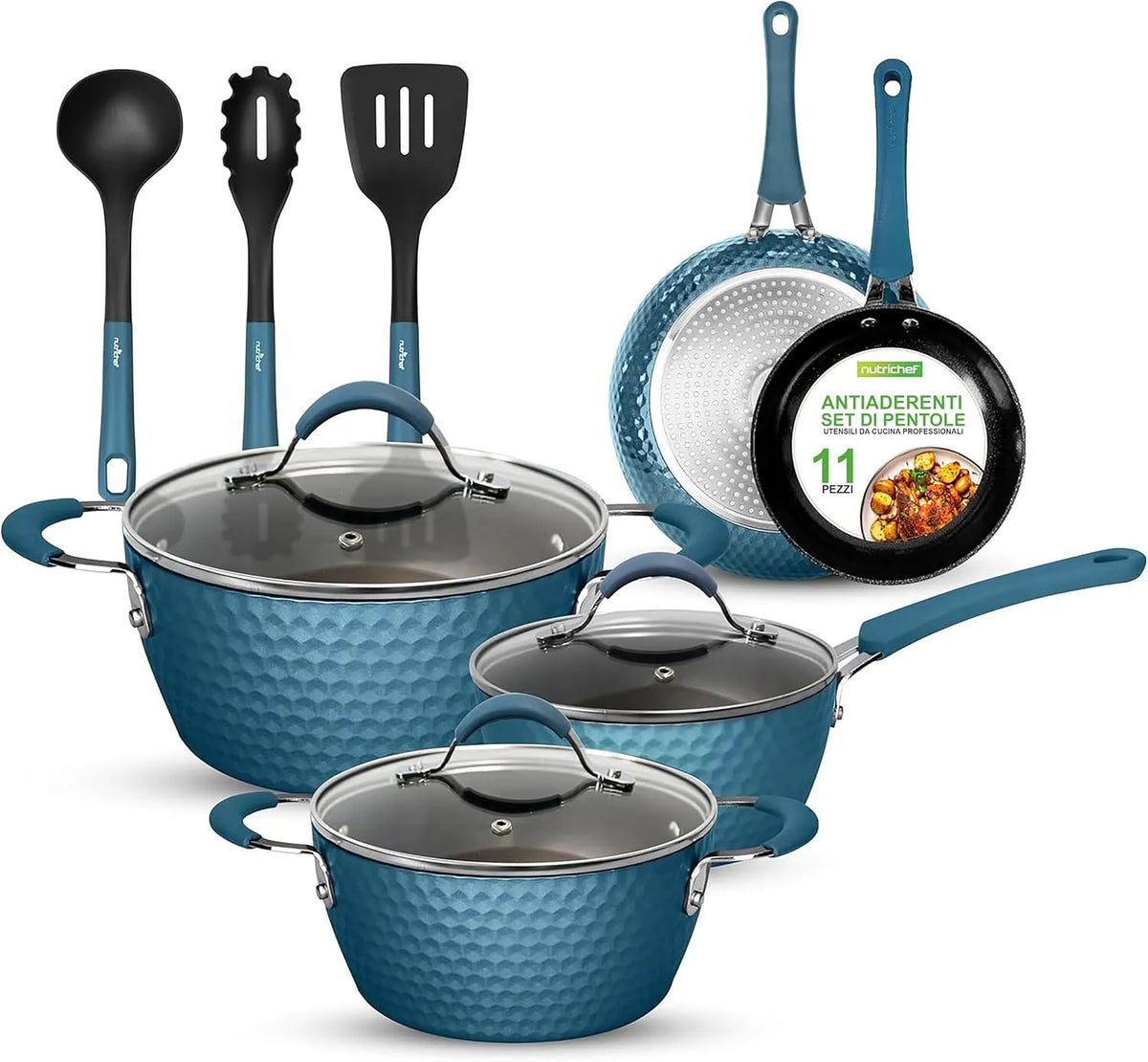 Set da 11 Pezzi, per Eleganti Pentole da Cucina dotato di Motivo a Diamante, NutriChef Excilon Set di Pentole e Padelle Antiaderenti, Alluminio, Blu