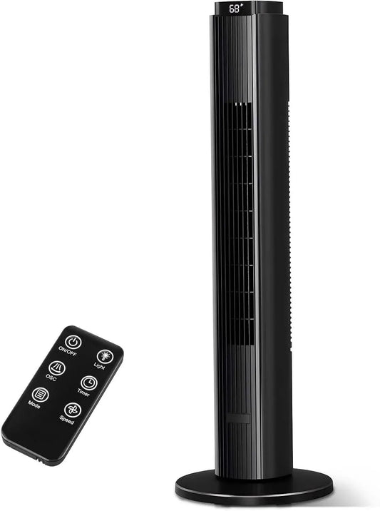 Ventilatore, 94 cm, portatile, timer, nero, timer 12 ore, display LED, 6 velocità, 4 modalità