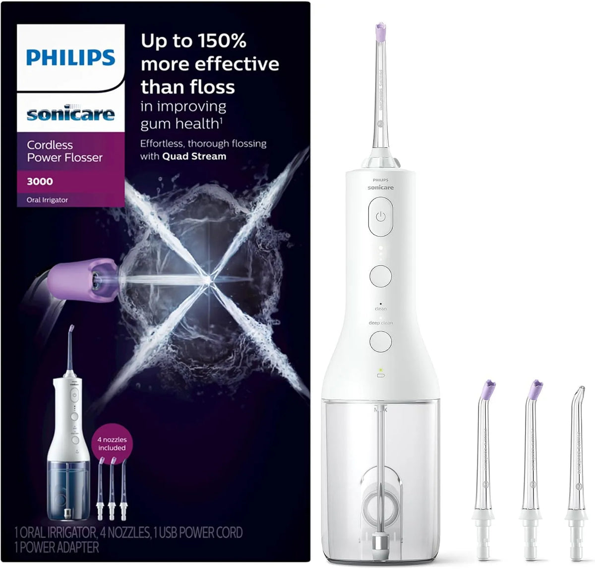 Philips HX3827/21 4 totali, bianco, Sonicare Wireless Power Flosser 3000 + 2 ugelli aggiuntivi