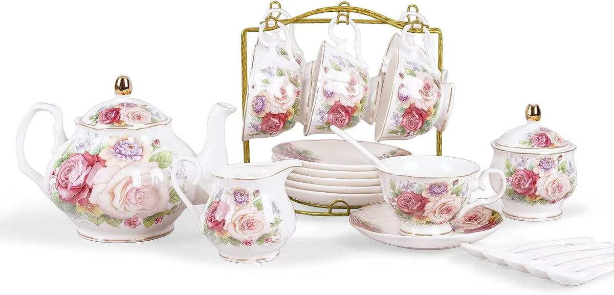 fanquare Set da Tè Europeo in Porcellana da 21 Pezzi, Servizio da Tè per Matrimonio, Servizio da Caffè in Ceramica Rosa, Tè Pomeridiano e Caffè