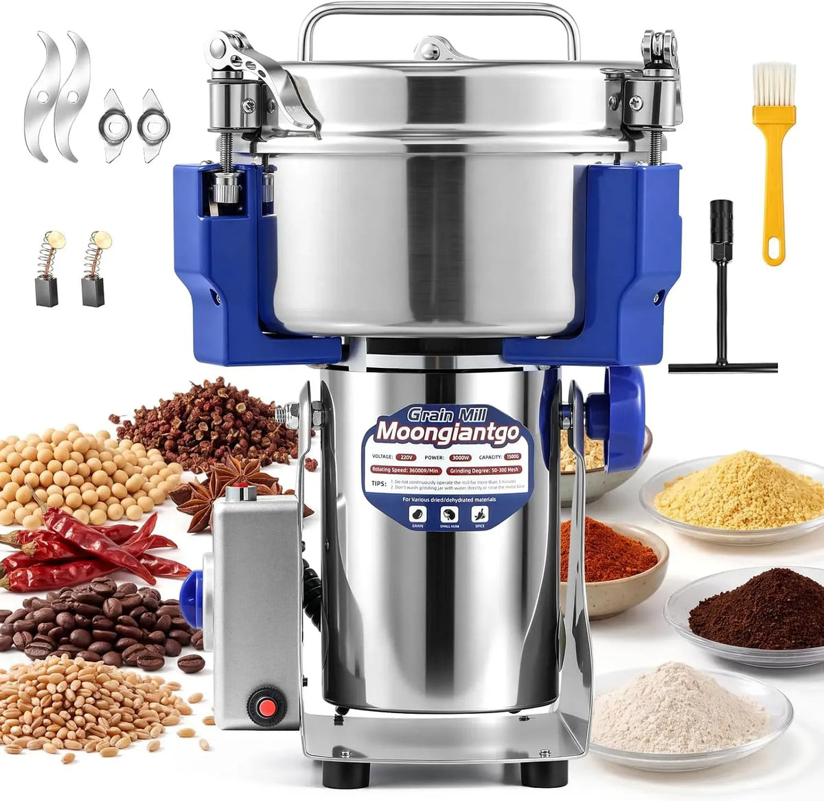 Moongiantgo1500g Mulino, macinatore elettrico, 3000 W, acciaio inox, per Cereali en Acciaio Inossidabile 3000W