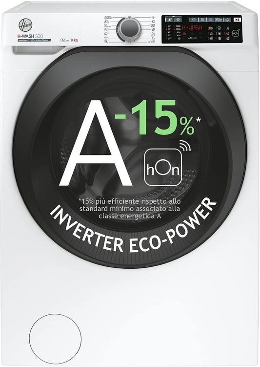Hoover WASH 500 28AMC71-S Lavatrice, 85x60x53 cm, 8 kg, classe energetica A, libera installazione, Wi-Fi, Inverter, bianco, 1200 Giri, Wi-Fi + BLE