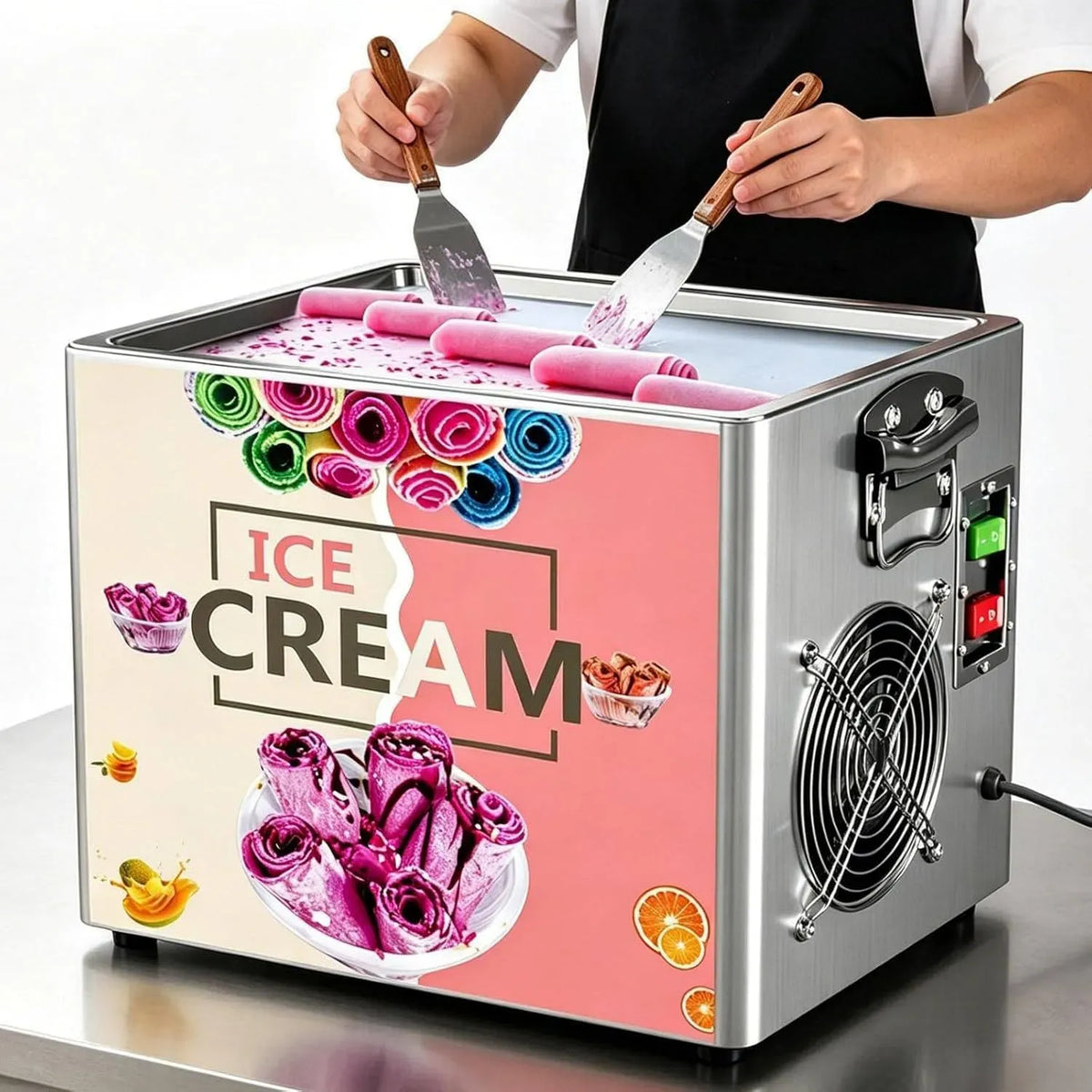 Macchina per Gelato, Piastra, 30x24 Cm, professionale, acciaio inox, per Gelato Arrotolato con 2 Spatole