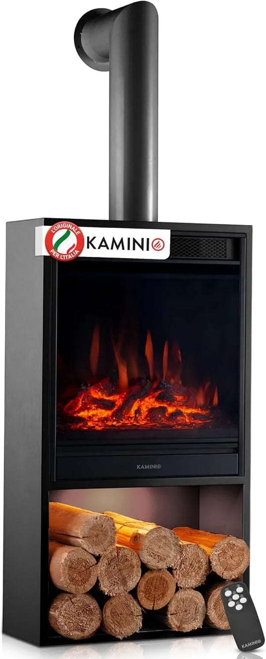 Stufa elettrica dotato di riscaldamento, effetto fiamma 3D, Camino elettrico HUGO con tubo del camino, luce ambiente a LED, scomparto de legno