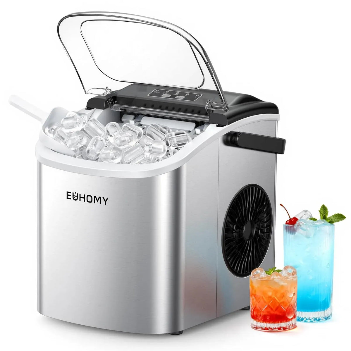 Macchina del ghiaccio, EUHOMY 12kg/24h, acciaio inox, 9 Cubetti in 6 Minuti, Acciaio Inossidabile, 2 Dimensioni di Ghiaccio