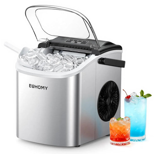 Macchina del ghiaccio, EUHOMY 12kg/24h, acciaio inox, 9 Cubetti in 6 Minuti, Acciaio Inossidabile, 2 Dimensioni di Ghiaccio