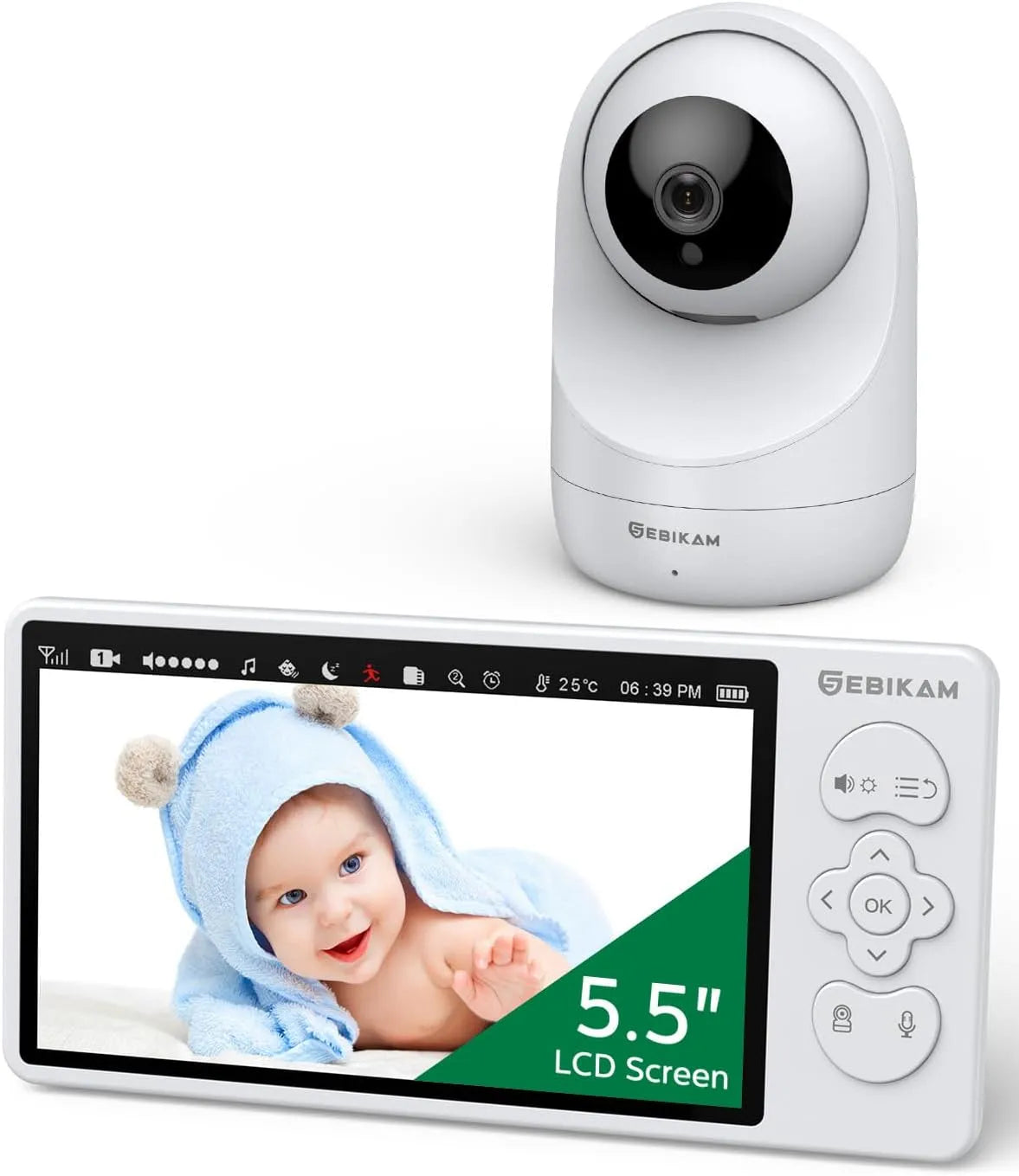 Monitor, Baby HD 720P 4000mAh, 2 zone di temperatura, PTZ 355°, Modalità VOX, 5,5 Pollici