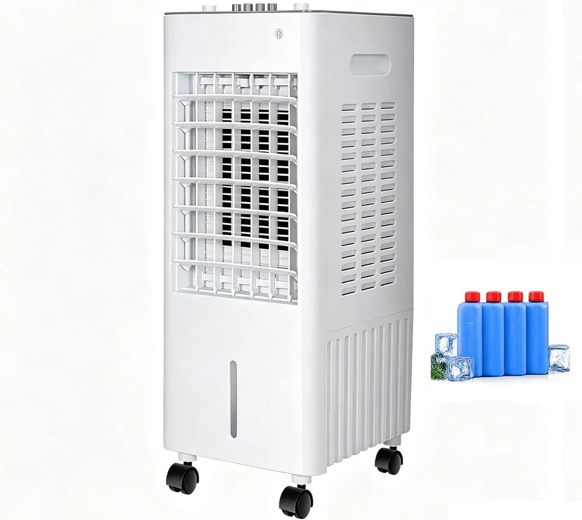 Raffrescatore d'Aria Portatile 10L, Climatizzatore Silenzioso 3 Velocità dotato di Oscillazione 90°, 4 Ghiaccioli Refrigeranti e Ruote 360° per Camera