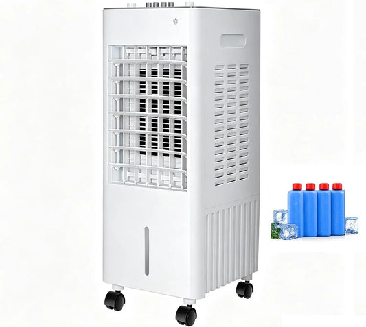 Raffrescatore d'Aria Portatile 10L, Climatizzatore Silenzioso 3 Velocità dotato di Oscillazione 90°, 4 Ghiaccioli Refrigeranti e Ruote 360° per Camera