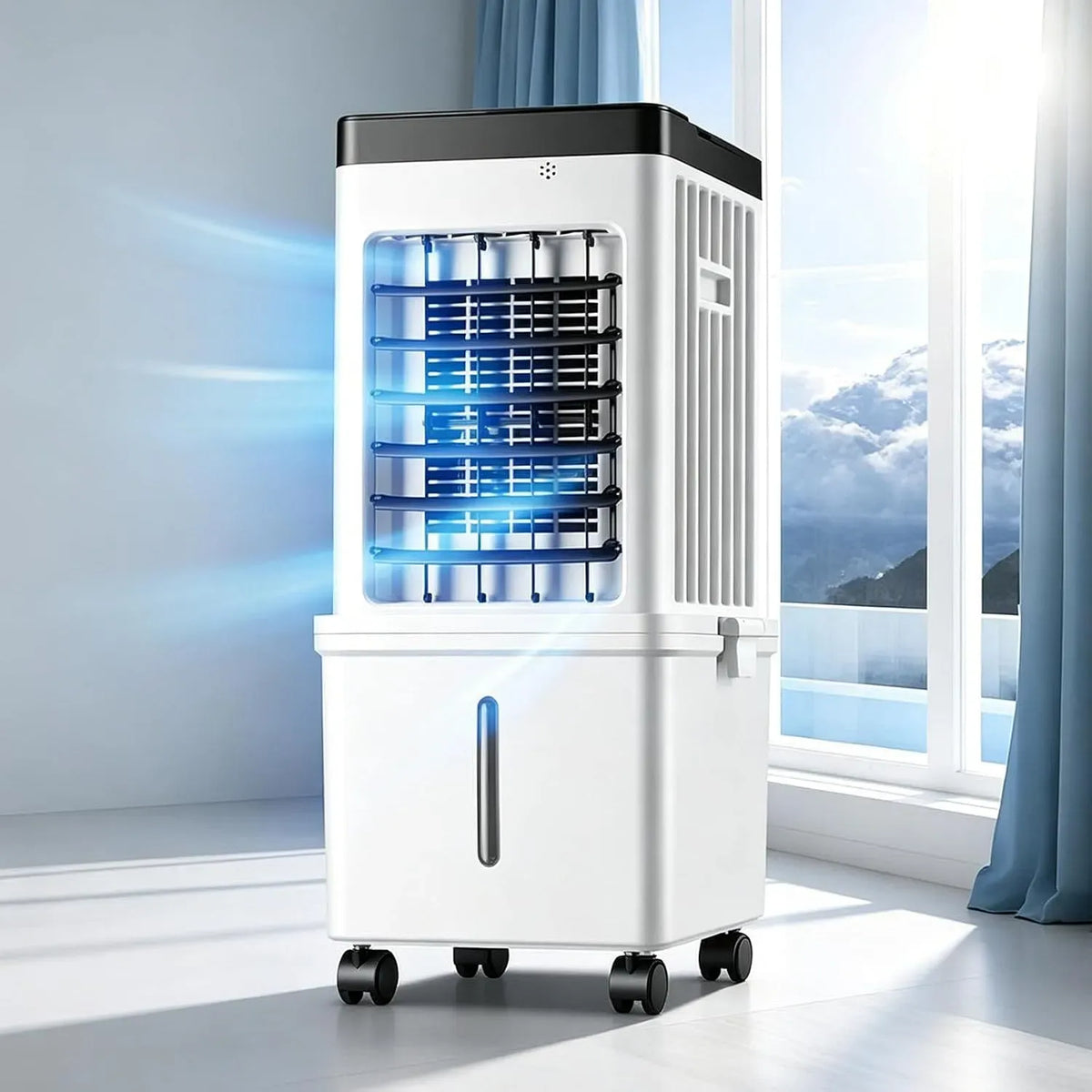 Ventilatore, 15 L, portatile, timer, 3 velocità, oscillazione, ampio serbatoio, timer da 7,5 ore e oscillazione a 120°, serbatoio dell'acqua da 15 L