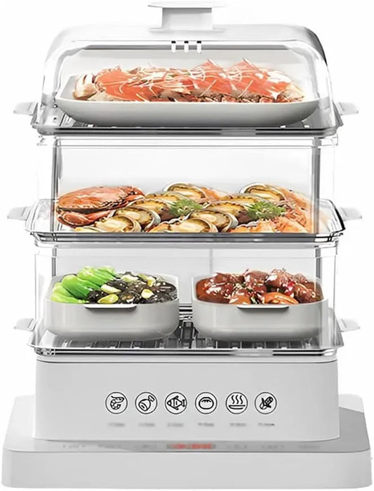 carne e pesce, Vaporiera elettrica a 3 livelli, funzione anti-secco, multifunzione dotato di timer da 12 ore, capacità 18/34/40 l, ideale per verdure