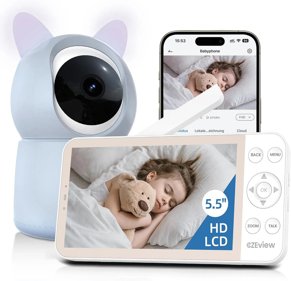 Monitor BM6, 2 zone di temperatura, CZEview Babyphone con fotocamera 2K e 4X, conversazione a 2 vie, visualizzazione a 360°