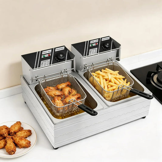 Friggitrice elettrica commerciale, in acciaio inox, 6 l + 6 l, 5000 W, 220 V, per ristoranti rapidi, snack bar, 60 °C, 200 °C