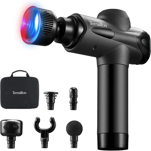 TERRAILLON, GUN MASSAGER EXPERT, 20 velocità 2800-3200 RPM, 5 punte in silicone di cui 1 caldo-freddo, Pistola massaggiante multizone, schermo, USB