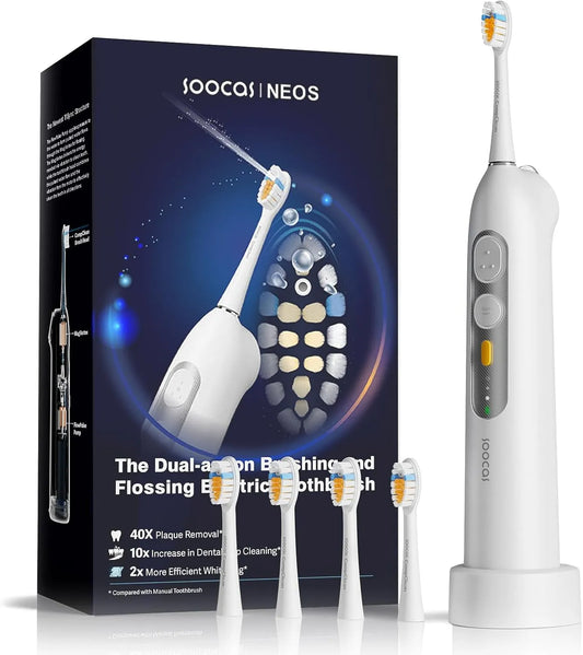 40x Spazzolino elettrico con idropulsore senza fili, Neos, 2 in 1, 6 impostazioni, spazzolatura e filo interdentale, per adulti, SOOCAS Neos