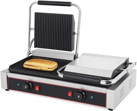 Grill, piastra per panini e sandwich, 240 x 235 mm, 0 a 300 °C, 230 V, 4,4 kW, professionale, ghisa, 2 zone di temperatura, acciaio inox